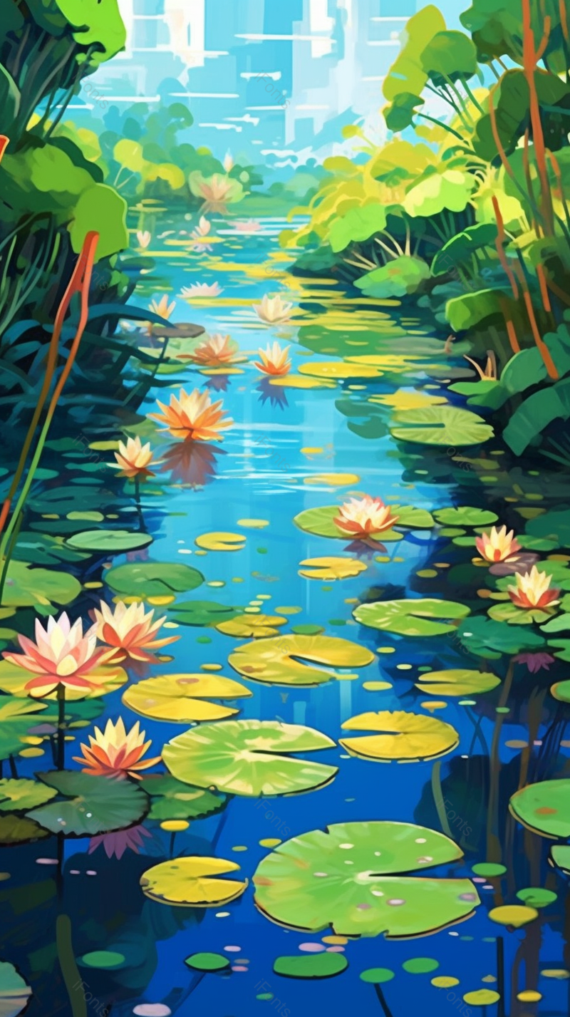 夏季蓝天节气绿色荷花荷叶池塘河流小水沟浮萍清澈清爽插画,插画/手绘图,插画/手绘图库,插画/手绘图下载,插画/手绘